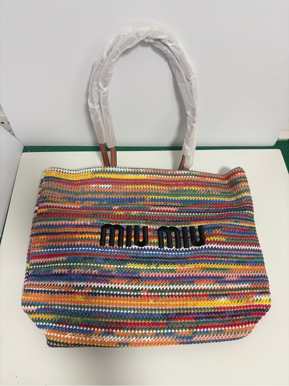 Miu Miu Multicolor Striped Knit Tote with Black Logo